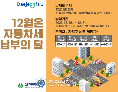 대전 동구, 2021년도 제2기분 자동차세 67억 원 부과